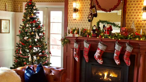 Stockings by the fire Christmas virtual background for Teams and Zoom