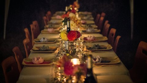 Long harvest table Thanksgiving virtual background for Teams and Zoom